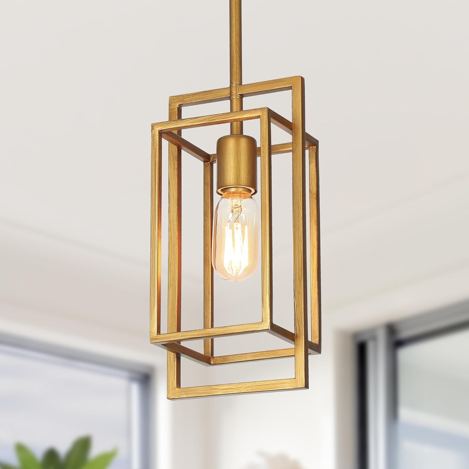 Gold Pendant Lighting, Modern Antique Golden Geometric Cage Hanging Light Fixture for Kitchen Island, Foyer, Dining Room and Hallway