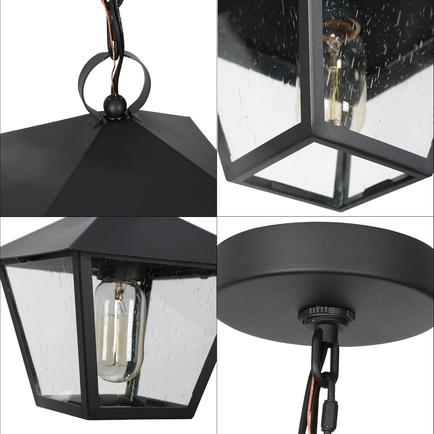 Outdoor Pendant Light for Porch, Black Outdoor Pendant Hanging Light with Seeded Glass Waterproof Exterior Light Fixture for House, Patio, Yard