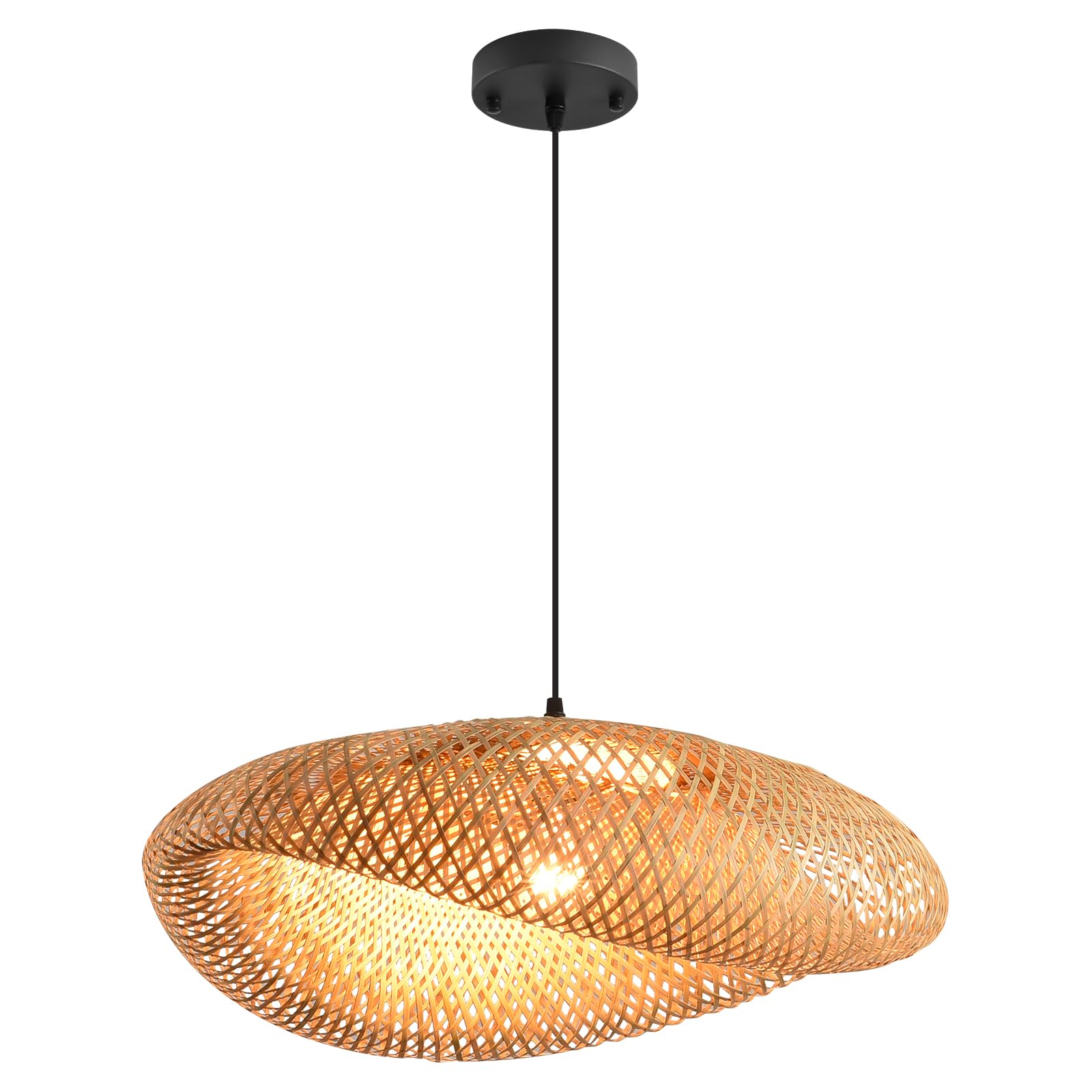 Boho Bamboo Pendant Light, 23.64in Bohemian Hand-Woven Rattan Chandelier Coastal Wicker Lighting Fixtures Hanging Lamp for Kitchen Island Dining Living Room Restaurants Bedroom