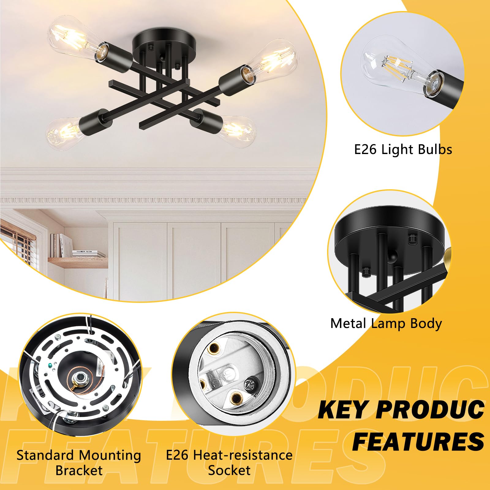 6-Lights Semi Flush Mount Ceiling Light, Mid-Century Modern Black and Gold Sputnik Ceiling Lighting, Industrial Kitchen Light Fixtures Ceiling Mount for Dining Room Hallway Living Room