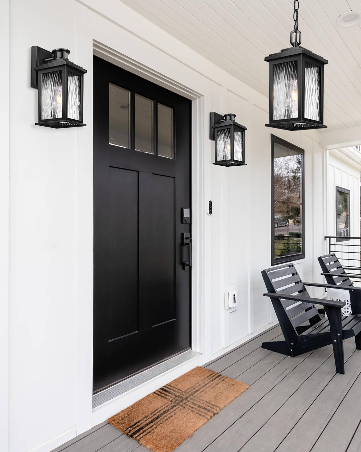 Outdoor Pendant Light Fixture, Farmhouse Exterior Hanging Lights with Adjustable Chain, Anti-Rust Aluminum Frame with Tempered Water Glass, Hanging Lantern for Front Door Ceiling Entry Porch