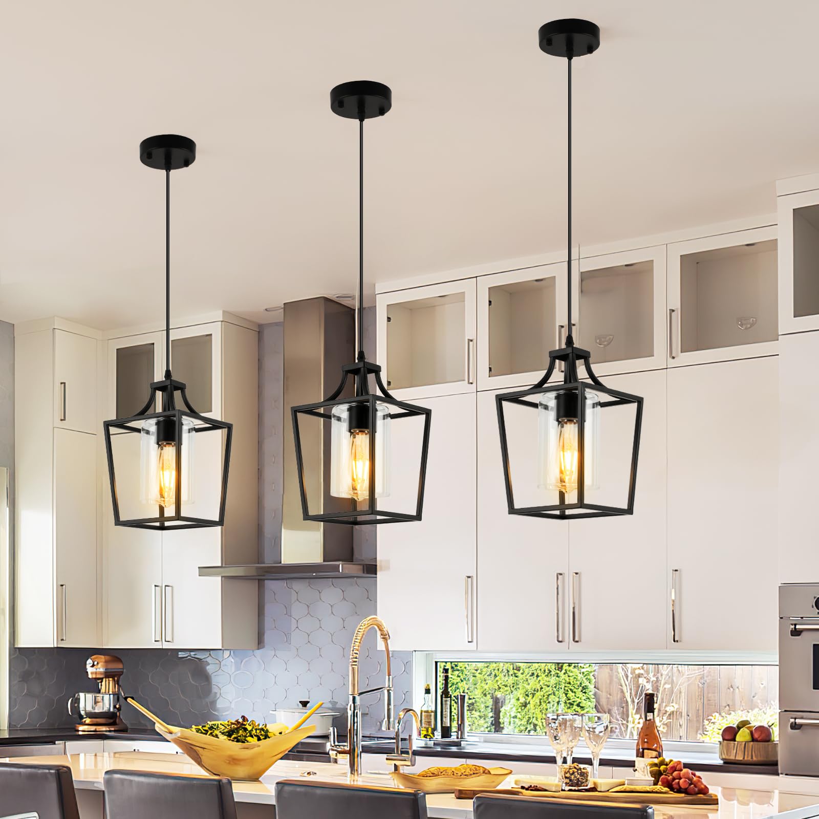 Farmhouse Kitchen Island Lighting Black Pendant Light Fixtures 4-Light Dining Room Lights Wood Chandelier Adjustable Hanging Pendant Lighting for Kitchen Island