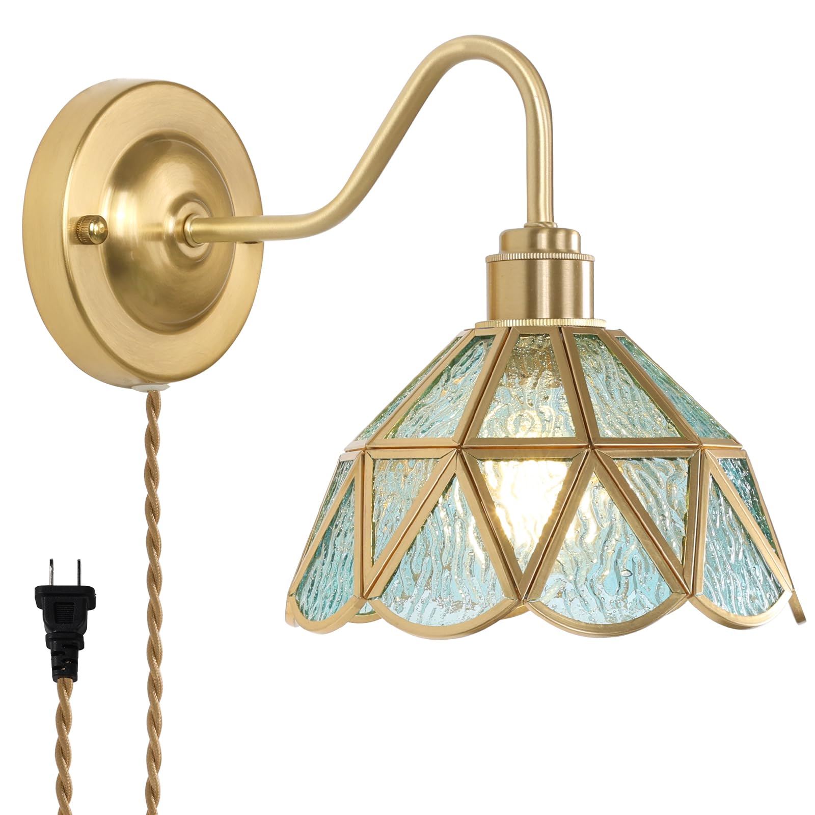 Wall Sconce, Wall Mounted Lamps with Green Checker Sconce, Stained Glass Shade Brass Wall Lights Fixture with Plug in Cord and Switch for Bedroom Bathroom Living Room Hallway