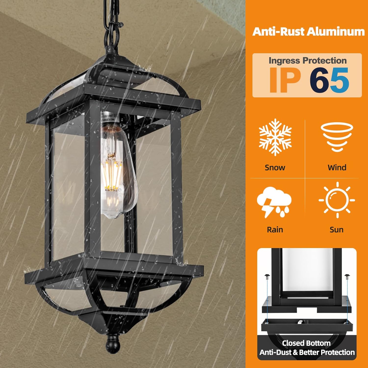 Large Outdoor Pendant Light Fixture Ceiling 16 Inch, Anti-Rust Aluminum Outdoor Chandelier for Porch with IP65 Waterproof Clear Glass Exterior Ceiling Mount Hanging Light, Matte Black