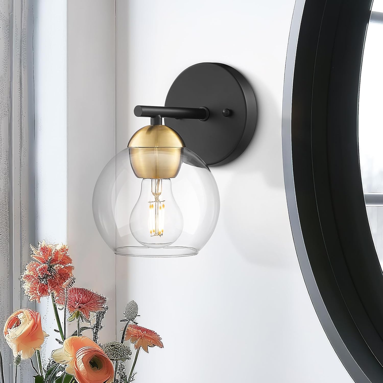 Black Vanity Lights for Mirror, Modern Farmhouse 2-Light Bathroom Light Fixtures Globe Bathroom Vanity Light with Milk Glass Shade, VL114-BK-ML-2