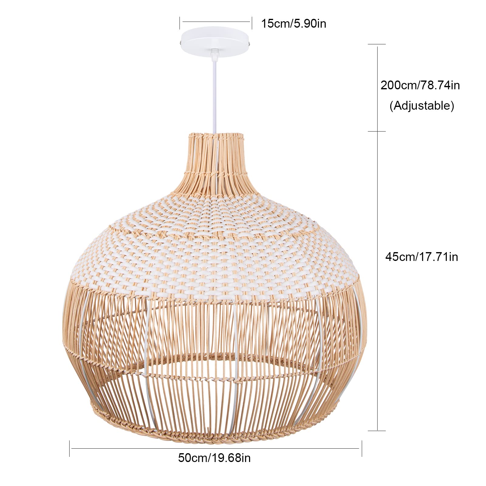 White Rattan Pendant Lights, Farmhouse Coastal Wicker Hanging Ceiling Lighting Chandelier, Handmade Woven Lampshade for Kitchen Island