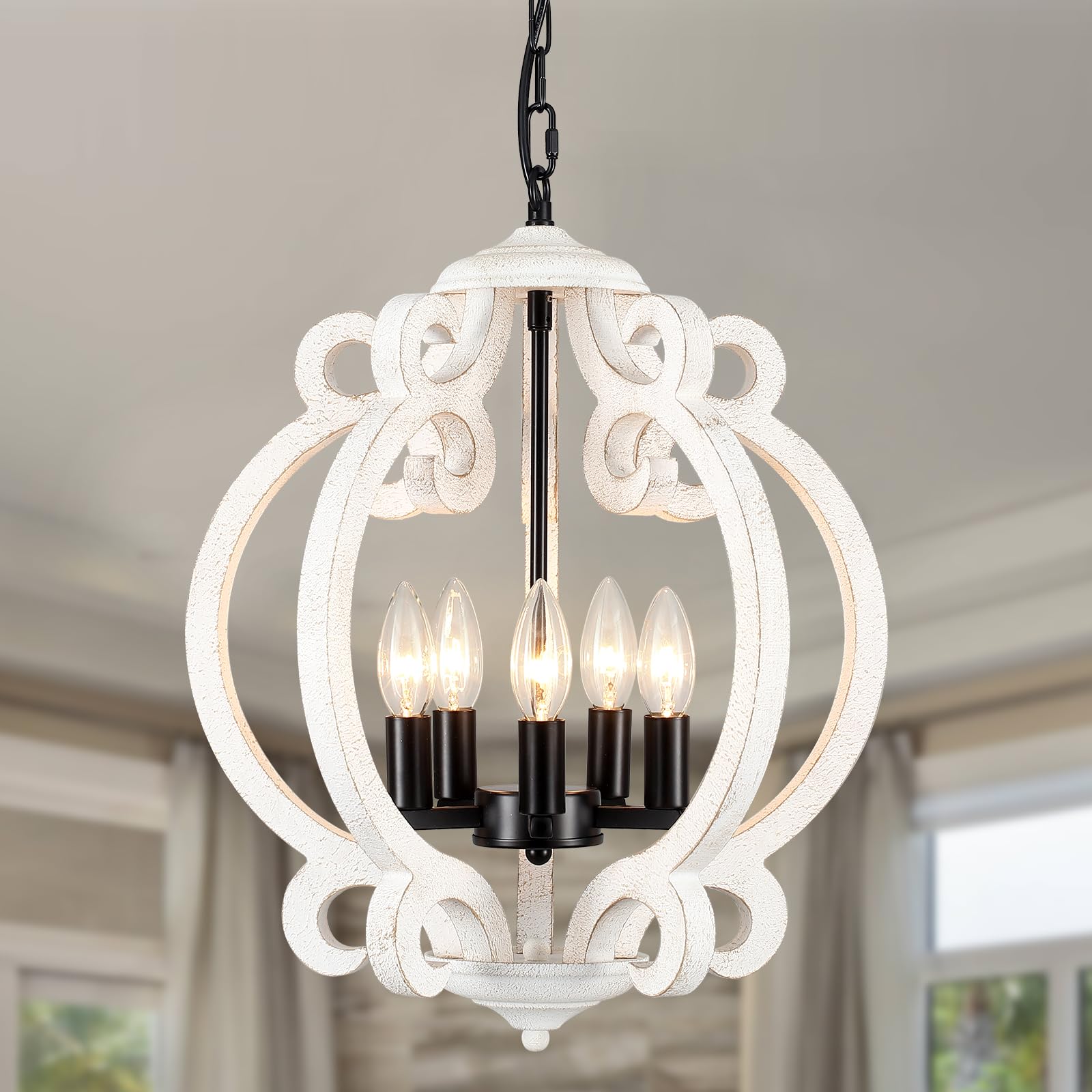 Wooden Chandeliers for Dining Room, 5 Lights Farmhouse Orb Chandeliers Antique White & Black French Country Chandelier for Living Room Kitchen Foyer