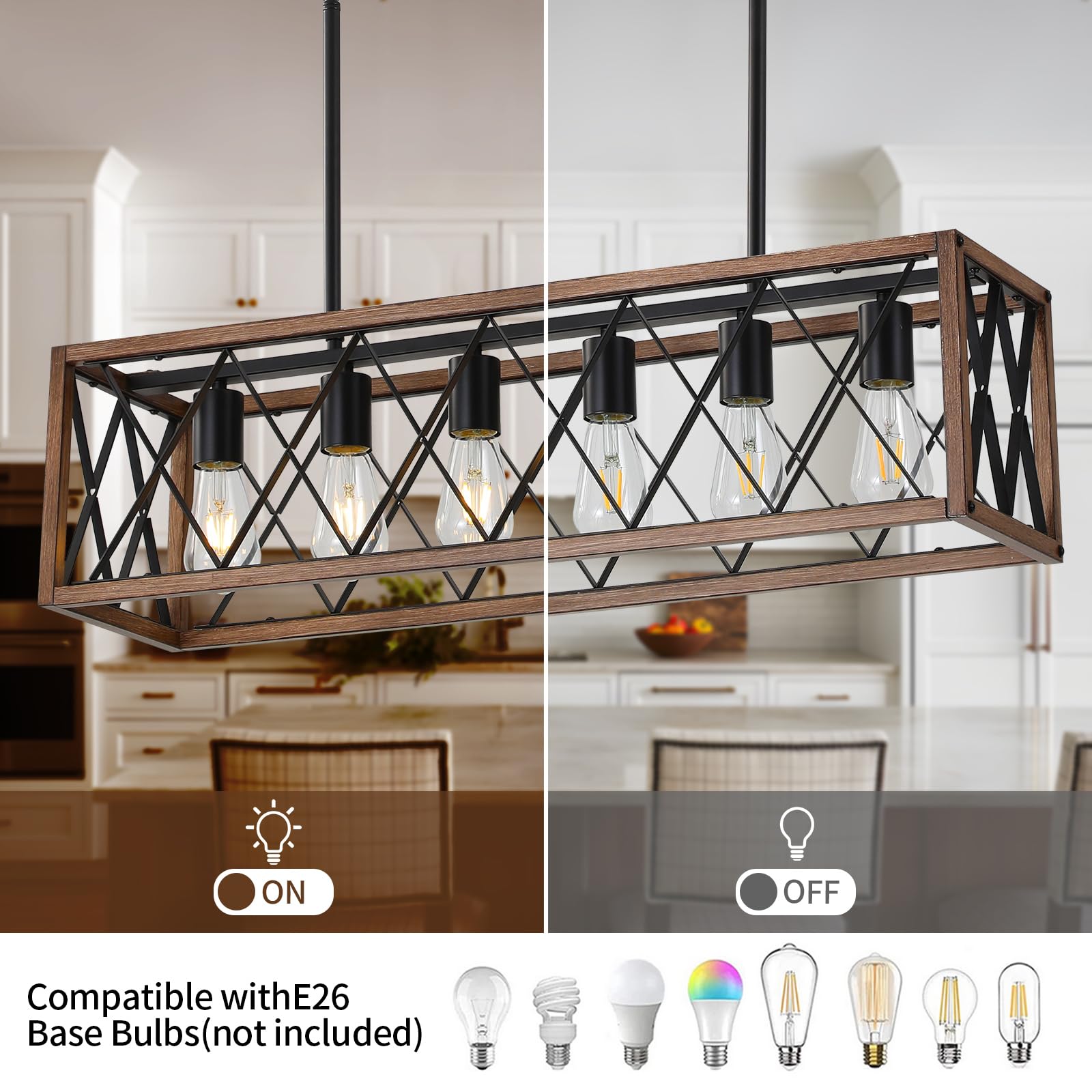 KEESFU 5-Light Dining Room Light Fixture, Farmhouse Kitchen Island Lighting,Adjustable Height Pendant Light, Rustic Linear Chandelier for Kitchen, Dining Room Table, Pool Table. (Wood Grain Color)