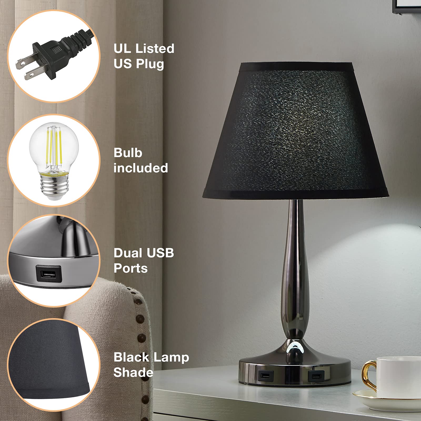 Touch Table Lamp with USB Ports, 3-Way Dimmable Modern Small Nightstand Lamp for Bedroom, Living Room & Office, Bedside Lamp w/ Grey Trapezoid Shade and Metal Base, LED Bulb Included