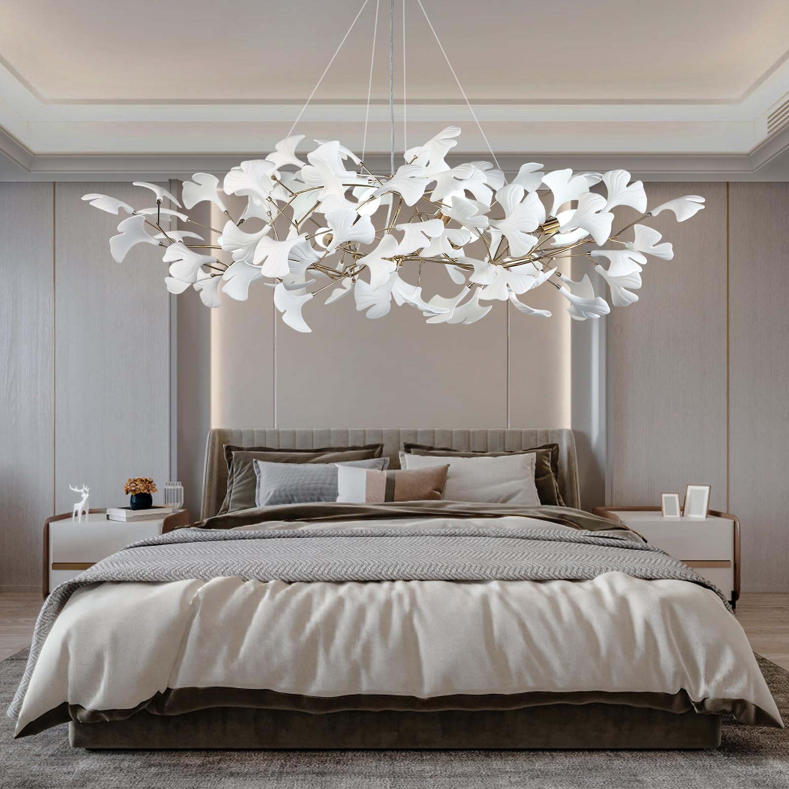 59 Inch White Rectangle Chandelier Ceramic Ginkgo Leaf Chandeliers Brass Large Chandeliers Modern Art Deco Chandelier for Dining Room Living Room,10-Light