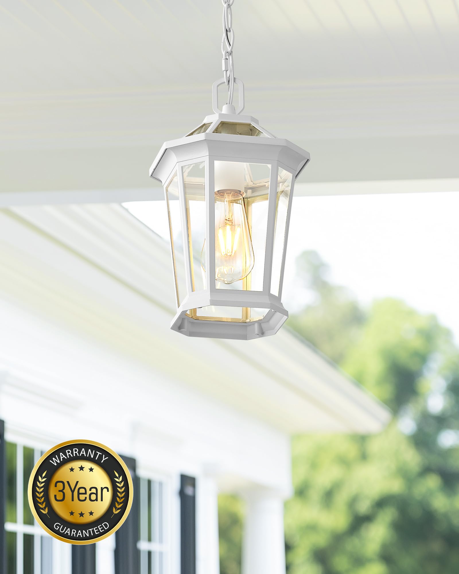 Outdoor Pendant Light Fixtures for Front Porch, Exterior Ceiling Hanging Lanterns, Anti-Rust Waterproof Farmhouse Outdoor Chandelier, Black Gold Aluminum with Tempered Water Glass for Entryway