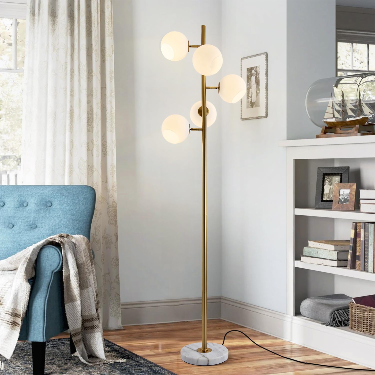 Lighting 5-Light Frosted White Glass Globe Floor Lamp Mid Century Modern Gold Tall Pole Standing Light LED Standing Lamps with Foot Switch for Home Office (Gold)