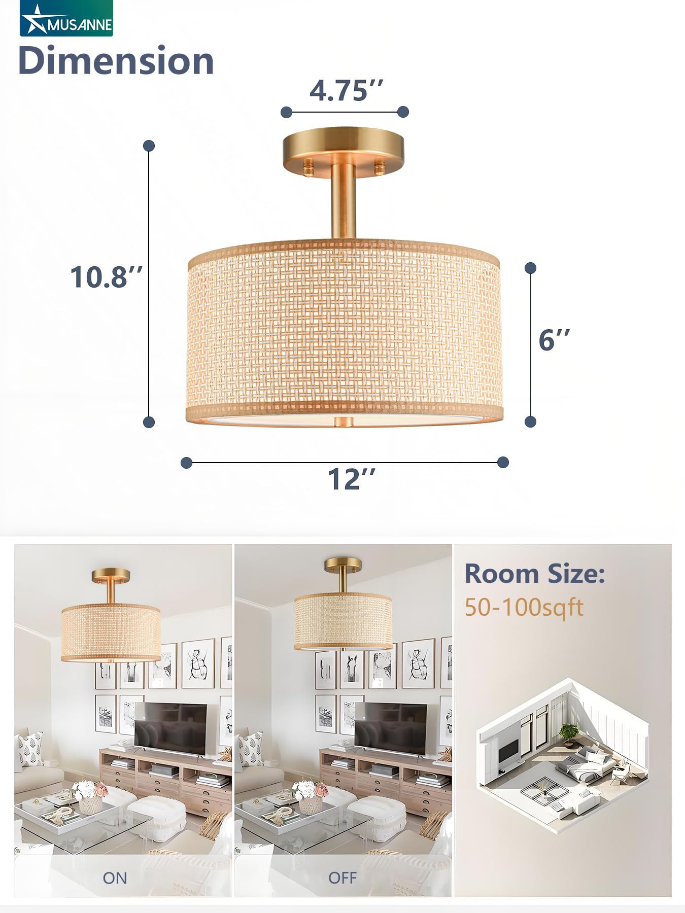 Semi Flush Mount Ceiling Light, Linen Fabric 12'' Drum Ceiling Light Fixture,Modern Gold Brass 3-Light Close to Ceiling Light Fixture for Dining Room Bedroom Living Room Hallway Kitchen