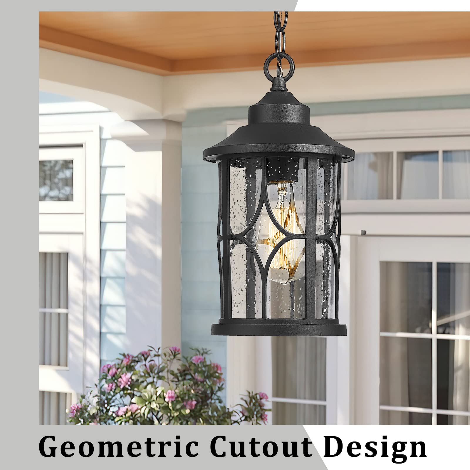 Outdoor Pendant Light for Porch - 12 Inch Farmhouse Exterior Hanging Lantern with Seeded Glass, Black Finish, ZX48H BK