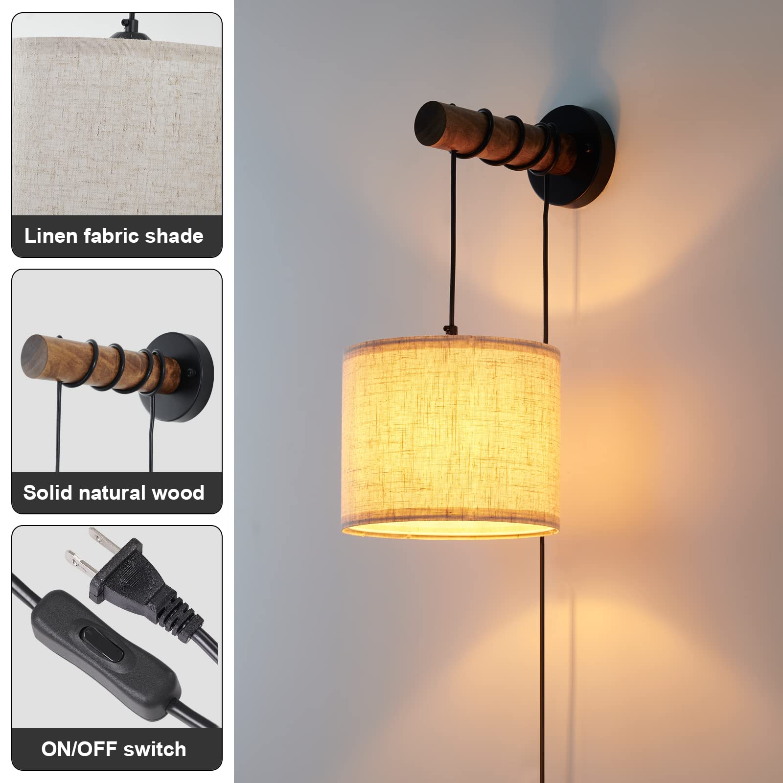 Wall Sconces Set of Two, Plug in Sconces Wall Lighting with Fabric Shade, Farmhouse Wall Lamps with Plug in Cord, Rustic Wall Lights with Wood Arm and On/Off Switch for Bedroom, Living Room