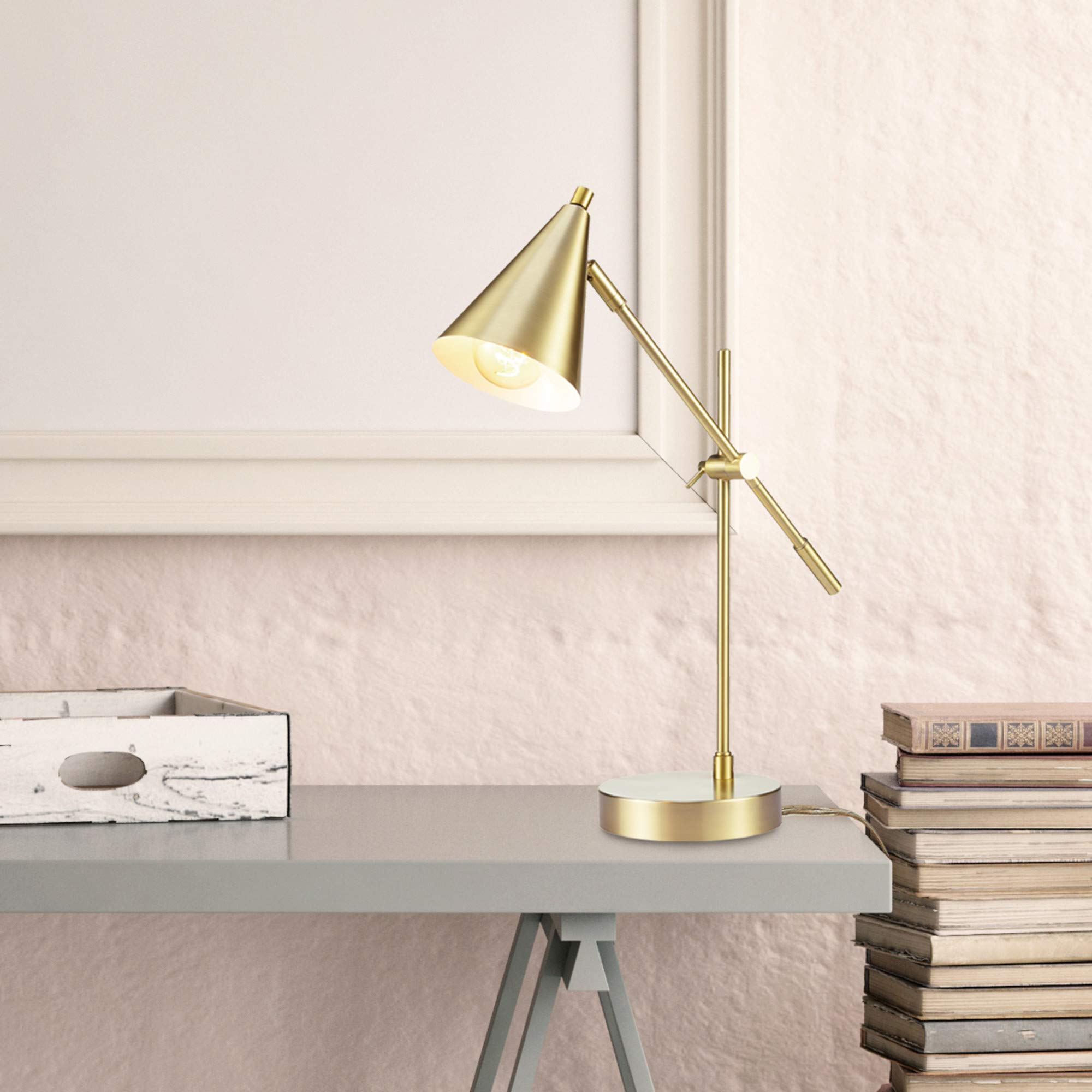 20" Desk/Table Lamp, Matte Brass Finish, Adjustable Height, Balance Arm, in-Line Rocker On/Off Switch