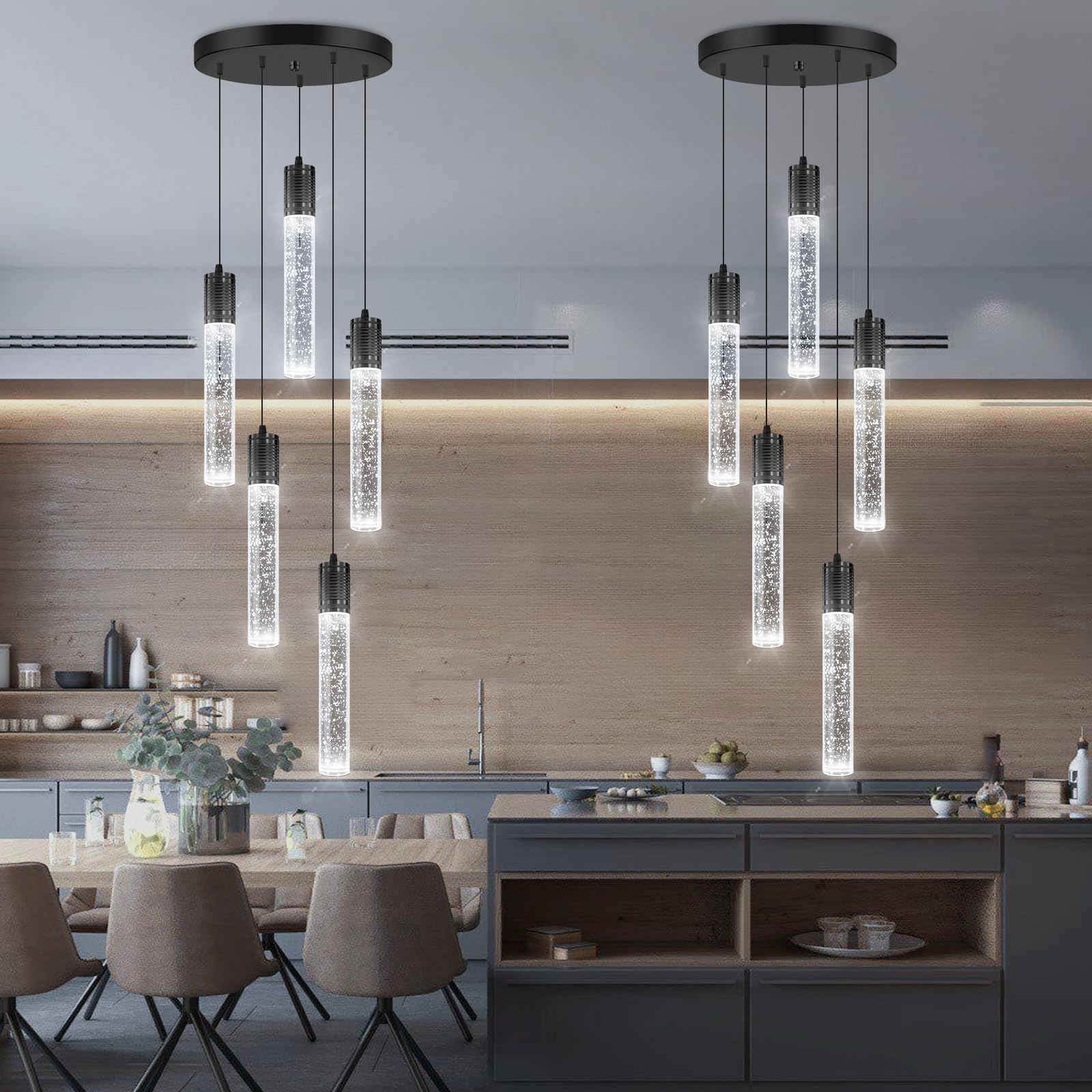 3 Lights Independent Kitchen Island Dining Room Light Pendant Light Fixtures Bubble Crystal Chandeliers Modern Kitchen Island Lighting Chandeliers Fixtures LED Lampara, 6000K LED Bulbs Included