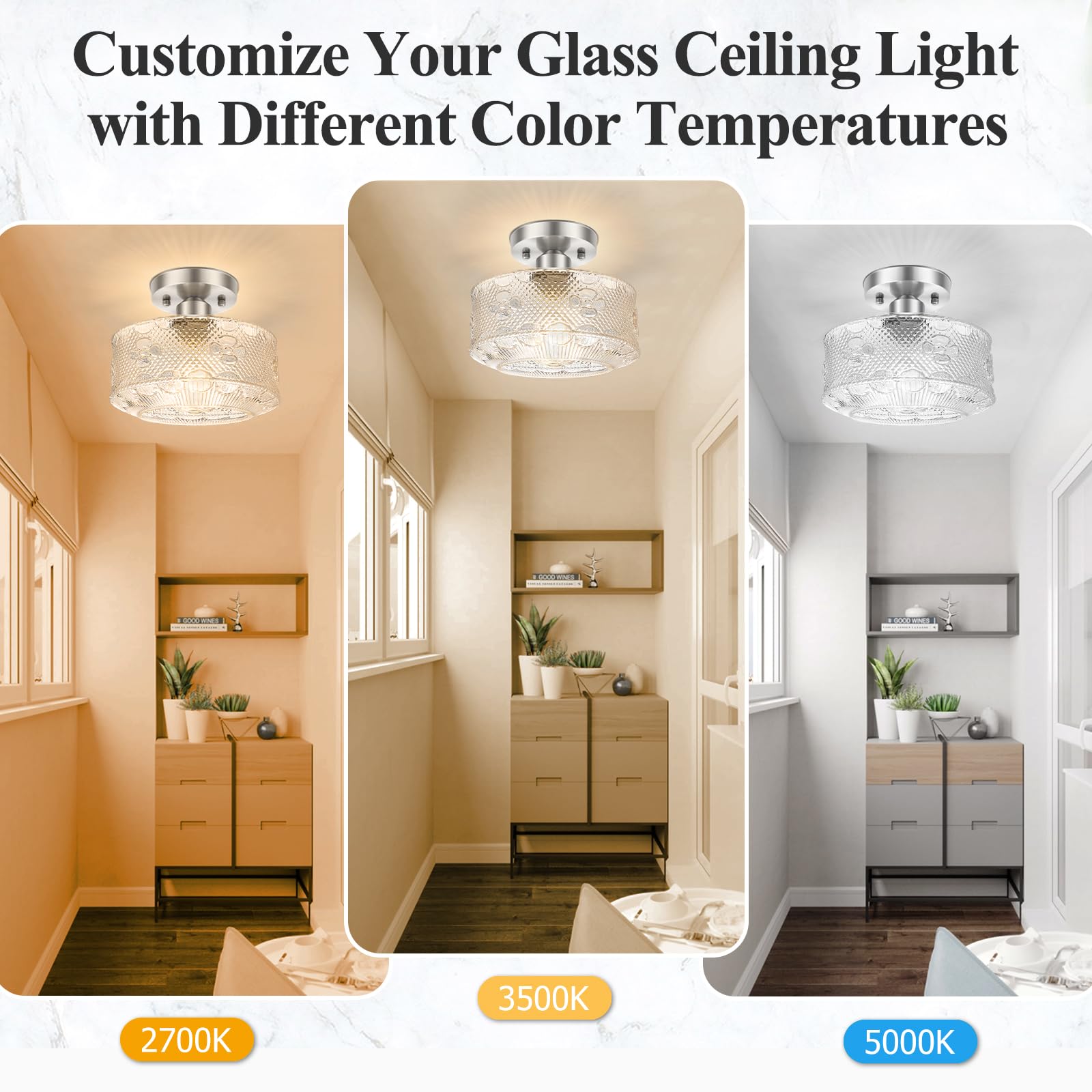 Modern 3-Light Semi Flush Mount Ceiling Light, Clear Glass Hallway Ceiling Light Fixture with Round Shade, Industrial Black Glass Close to Ceiling Lamp for Bathroom Kitchen Bedroom Porch