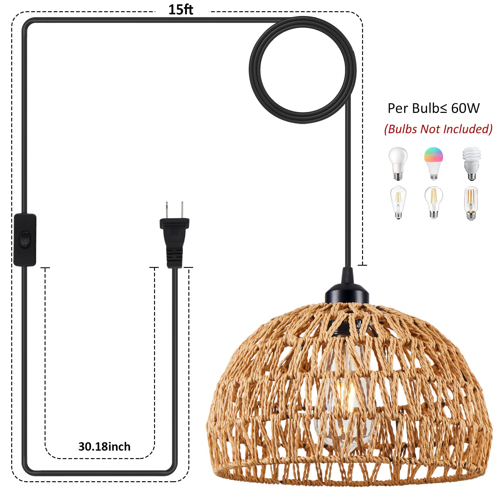 Plug in Pendant Light Rattan Hanging Lamp with 15 Ft Hemp Rope Cord, Hanging Lights with Plug in Cord, Woven Boho Wicker Basket Lamp Shade Plug in Ceiling Light Fixture for Kitchen Island (Cream)