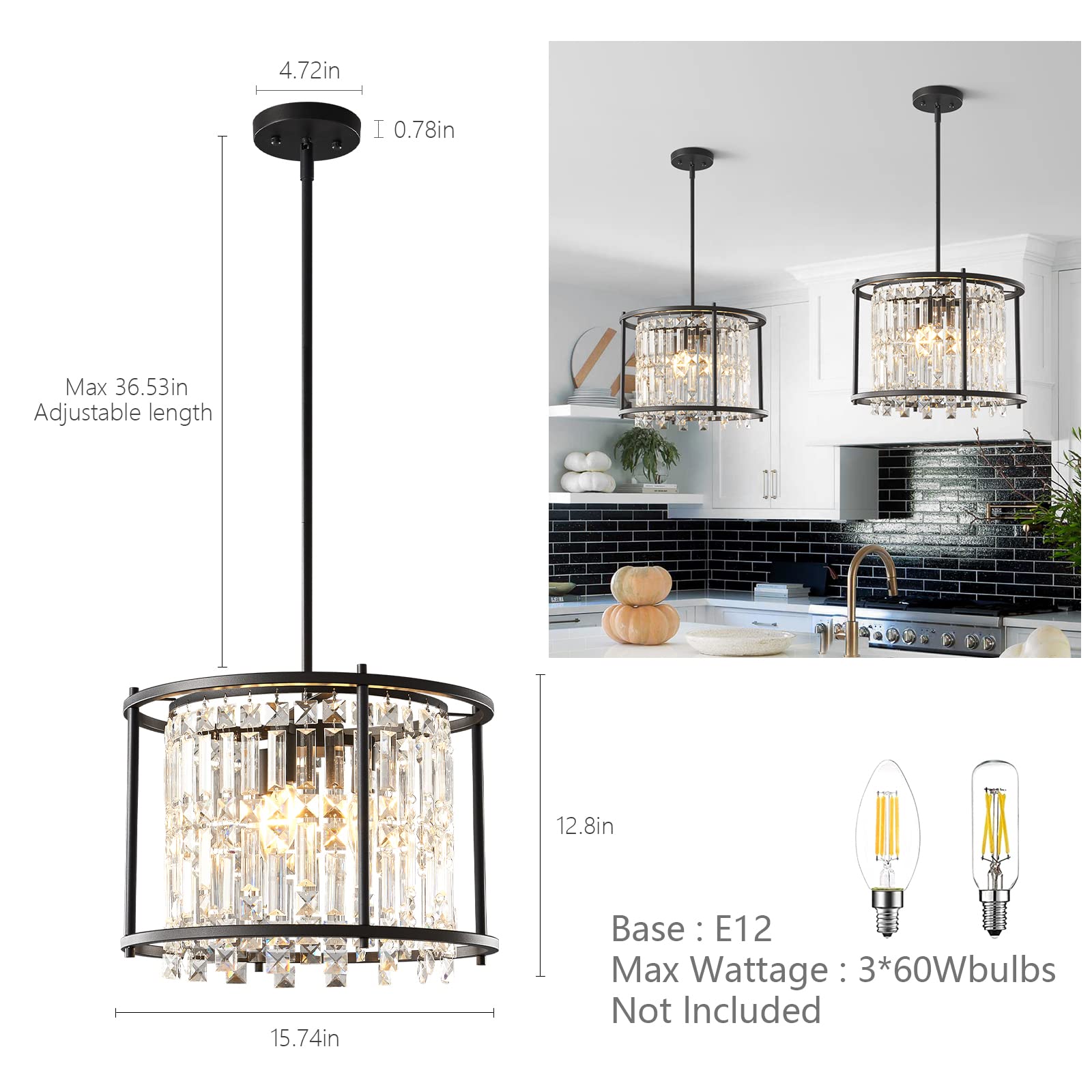 4-Light Dining Room Light Fixture 11.81 inch Square Lndustrial Farmhouse Chandelier Gold Metal Crystal Pendant Light for Kitchen Island Dining Room Living Room Flat and Inclined Ceiling