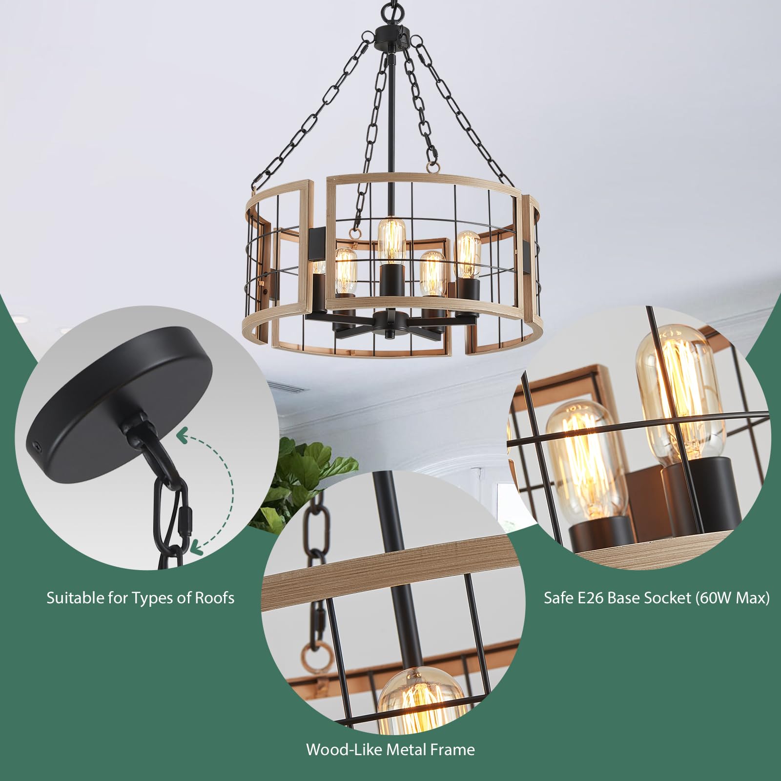 Gold Chandelier 5-Light Modern Kitchen Island Lighting Fixtures, Farmhouse Pendant Light 20 inches Retro Height Adjustable Ceiling Light for Dining Room, Bedroom, Living Room,Foyer