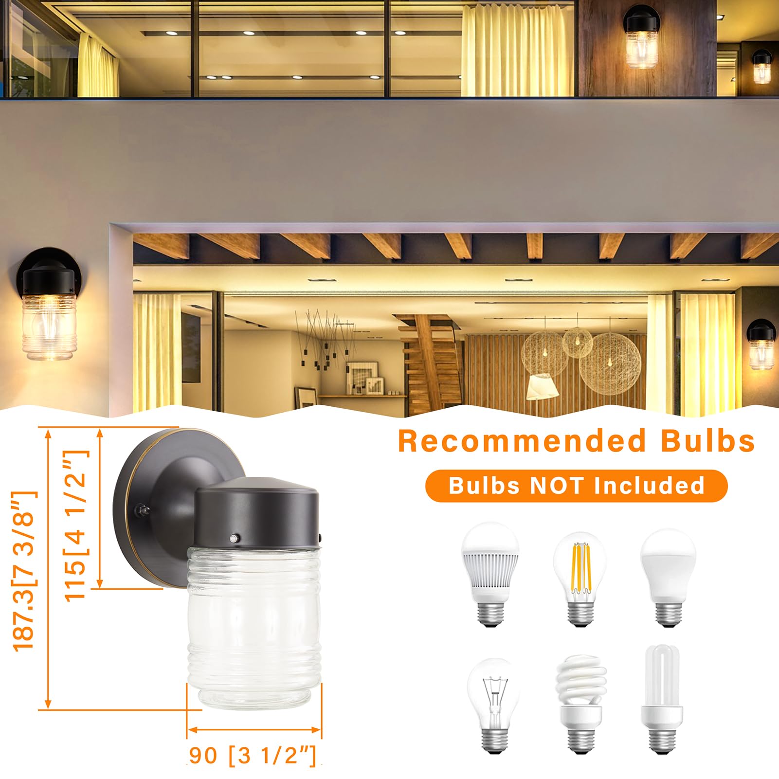 Outdoor Wall Sconces, 2-Pack Wall Lights Fixture, Exterior Farmhouse Porch Light with Hammered Metal Shade, Anti-Rust Waterproof Black Outside Barn Light for Front Porch Patio Garage Gazebo House