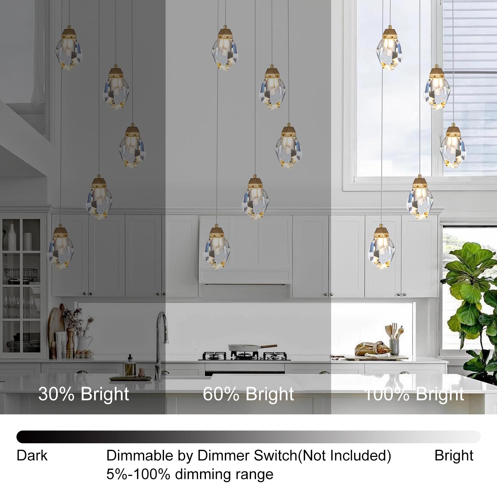 3 Lights Crystal Pendant Light Modern Cluster Chandelier - Dimmable LED Pendant Light Fixture with Brass Teardrop Design - Stylish Lighting for Kitchen Island, Dining Room, Hallway, Bathroom