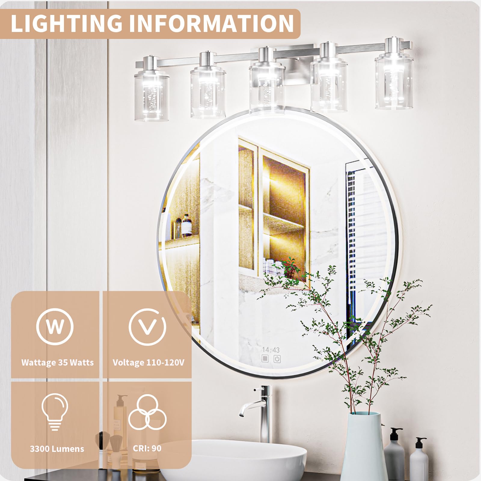 Bathroom Vanity Light Fixtures, 3-Light LED Lighting Fixtures Over Mirror, 5 CCT Modern Chrome Vanity Light for Bathroom with Crystal Bulb Clear Glass Shade Dimmable Bathroom Wall Lamp