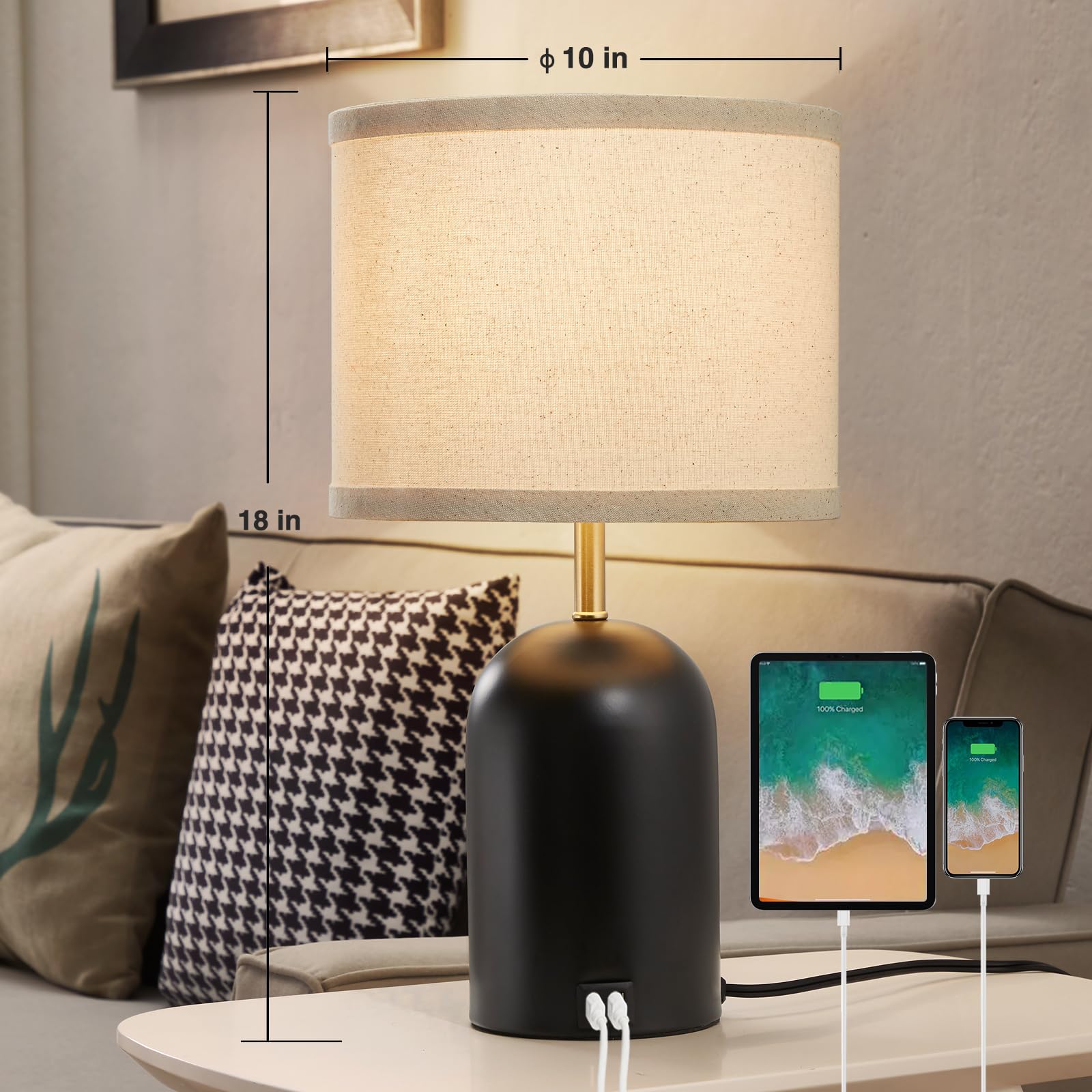 Touch Control Table Lamps Set of 2, Bedside Table Lamps for Bedrooms Set of 2 Modern Living Room 3 Way Dimmable Gold Bedside Lamp for End Table with 2 USB Charging Ports, 2 Bulbs Included