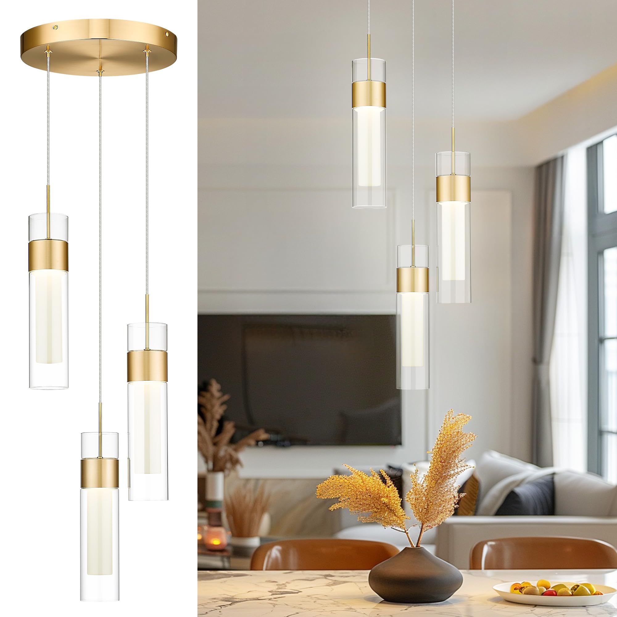 kudos Gold Pendant Light Fixtures, Modern LED Pendant Lights with Clear Glass and Milk Glass, Pendant Lights for Kitchen Island, KDPL10-GD