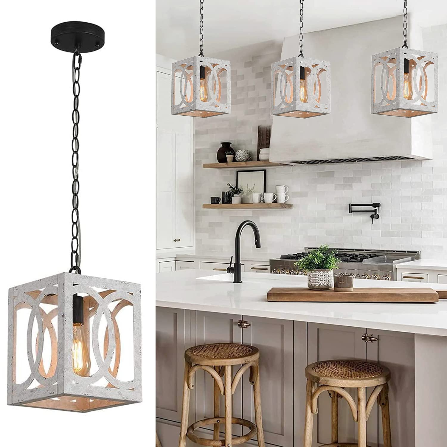 Kitchen Island Light Fixtures Dining Room Distressed White Rectangular Modern Farmhouse Chandelier, 3-Light Metal Rustic French Country Pendant Lighting Ceiling Light Hanging Lamp, No Wood