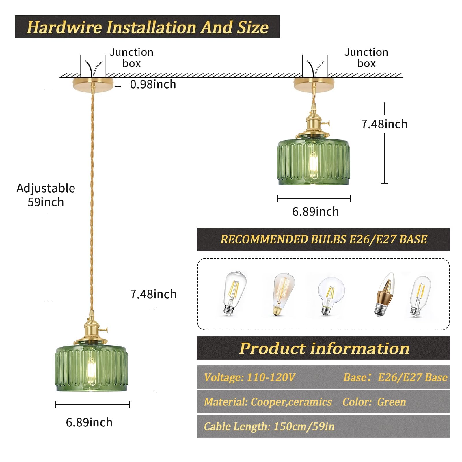 Pendant Light with White Pleated Ceramic Lmapshade, Brass Vintage Pendant Light Adjustable Hanging Light for Kitchen Island Dining Room Hallway 7.87 Inch Diam