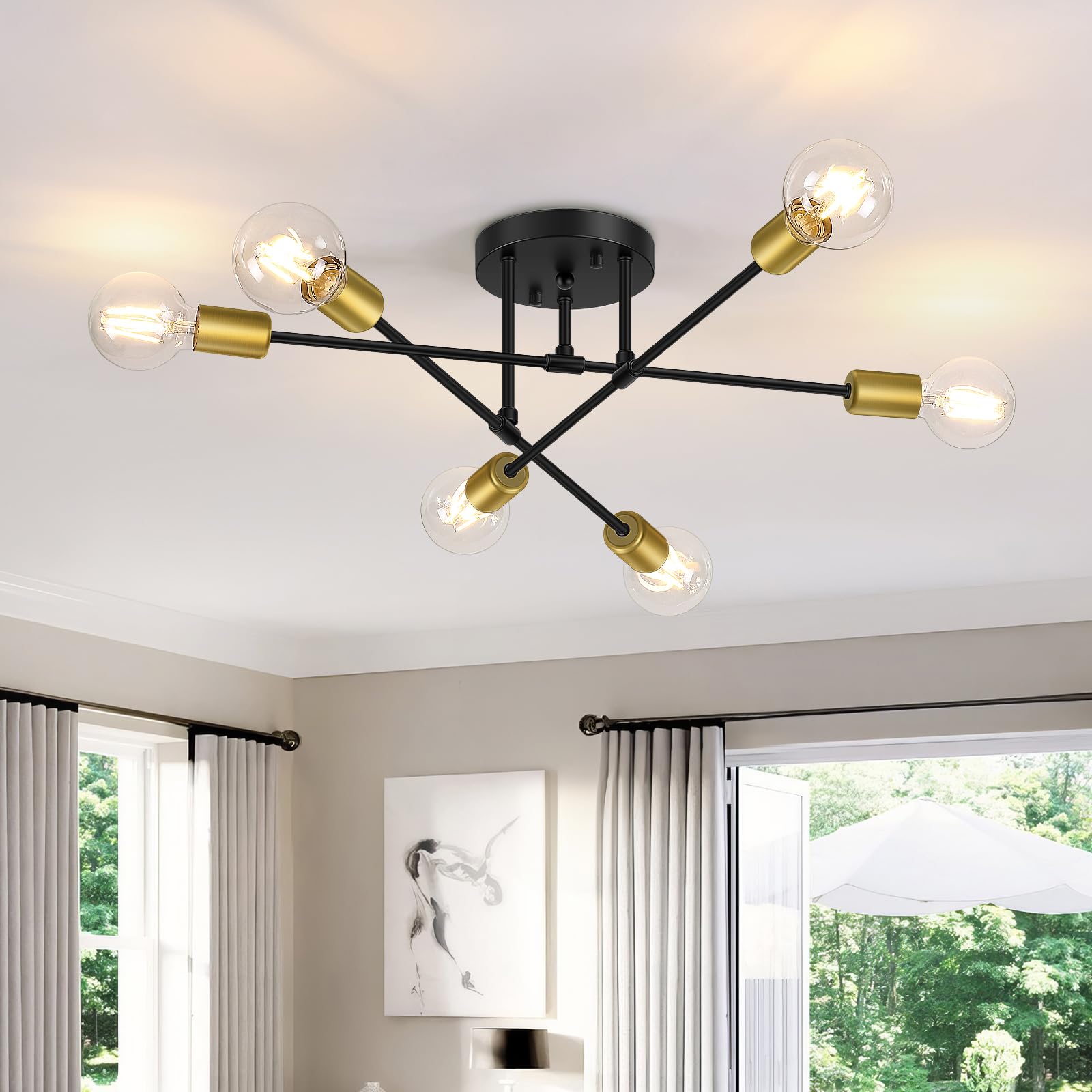 6-Lights Semi Flush Mount Ceiling Light, Mid-Century Modern Black and Gold Sputnik Ceiling Lighting, Industrial Kitchen Light Fixtures Ceiling Mount for Dining Room Hallway Living Room