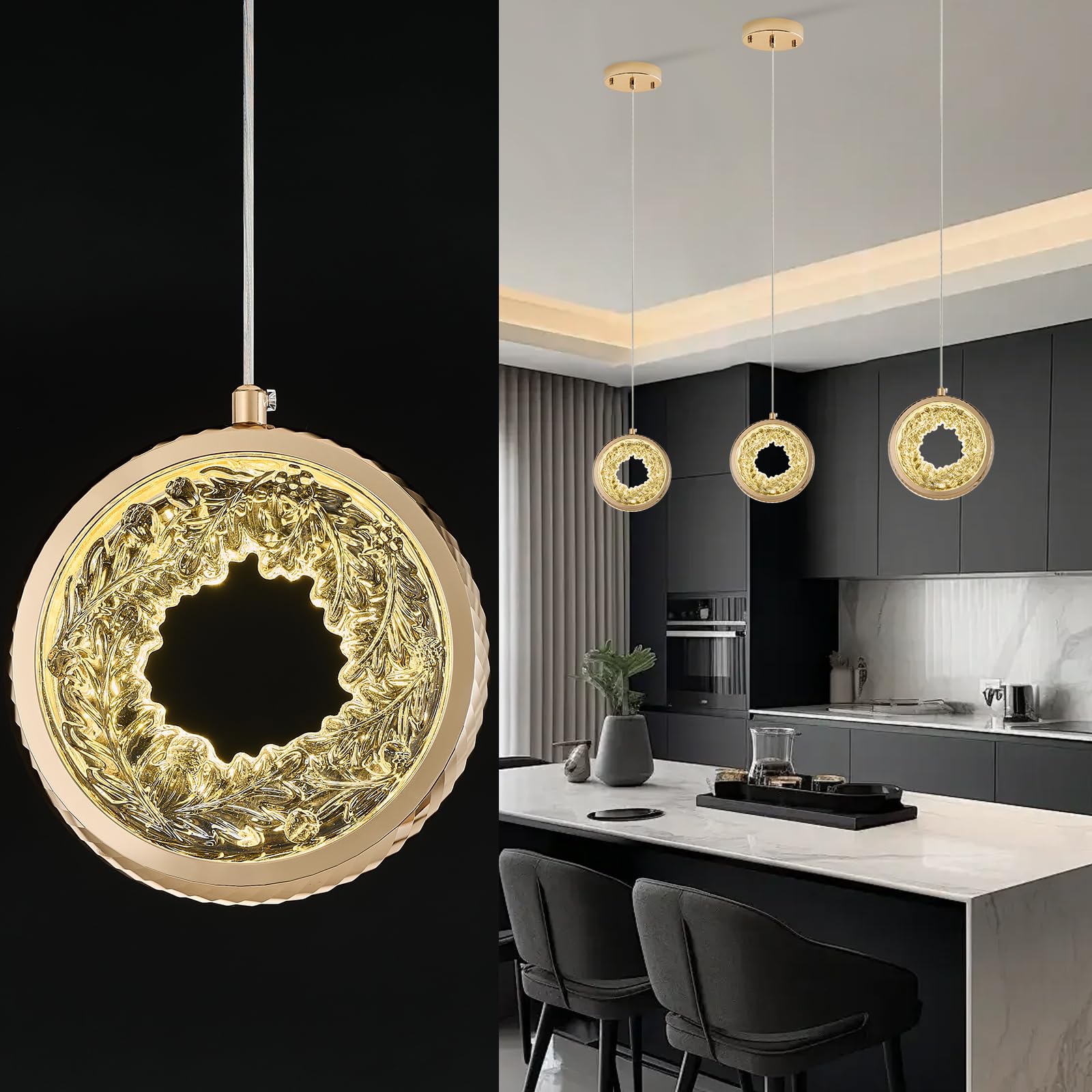 3 Lights Crystal Pendant Light Modern Cluster Chandelier - Dimmable LED Pendant Light Fixture with Brass Teardrop Design - Stylish Lighting for Kitchen Island, Dining Room, Hallway, Bathroom