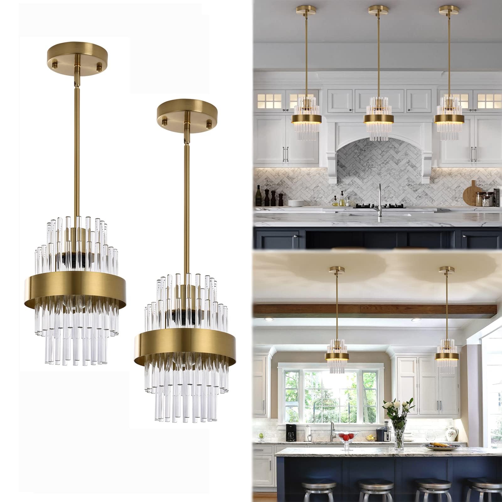 Pendant Light Fixtures, 7inch Modern Glass Pendant Light, 2 Pack Brass Color Kitchen Island Pendant Lights, Height Adjustable Pendant Lighting