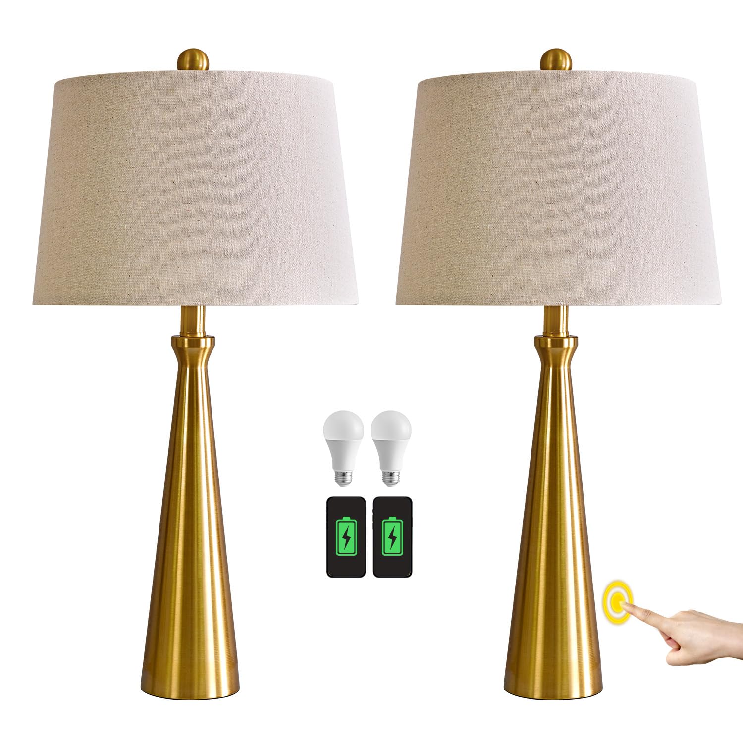 Modern Table Lamps with USB Port Set of 2 Accent Gold Nightstand Lamp for Living Room Bedroom Office Black