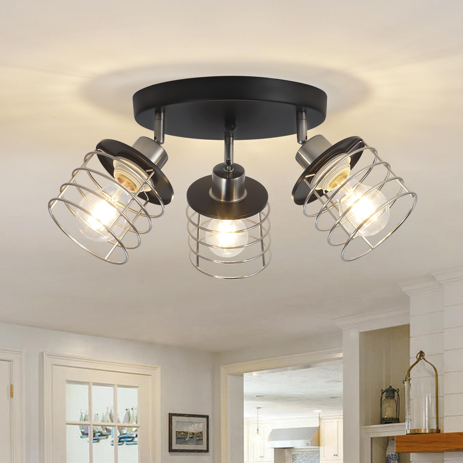 Semi Flush Mount Ceiling Light Fixture, Adjustable 3-Lights Kitchen Light Fixtures Ceiling Mount, Multi-Directional Ceiling Lights for Kitchen Farmhouse Hallway Dining Room Entryway (White & Gold)