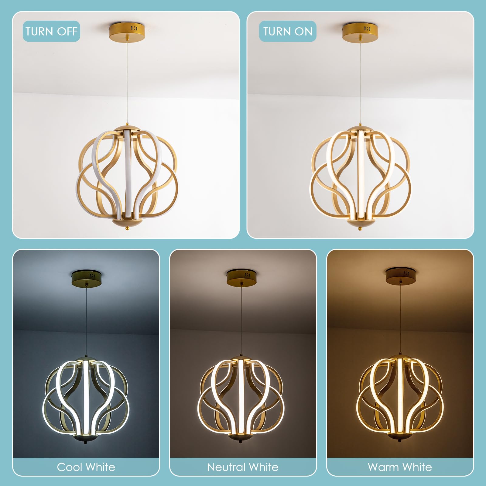 Modern LED Chandelier Gold Pendant Light Dimmable Contemporary Chandeliers for Dining Room Kitchen Living Room Foyer Entryway 3000K-6000K