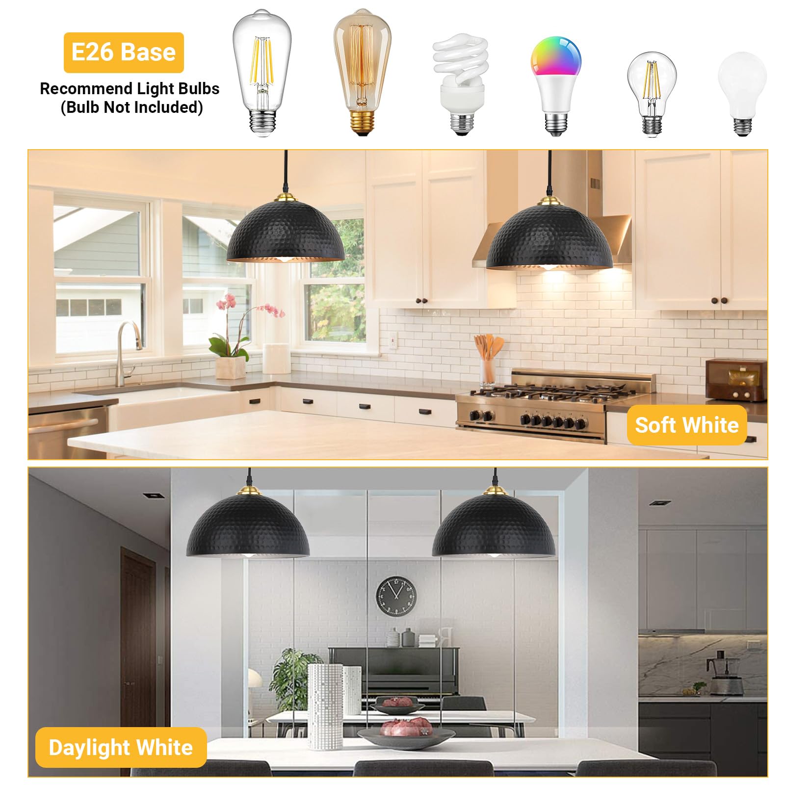 Pendant Lights Kitchen Island, 2 Pack Industrial Pendant Light Fixtures Ceiling Hanging with Hammered Metal Shade, Black Pendant Lighting with Gold Lined, Height Adjustable