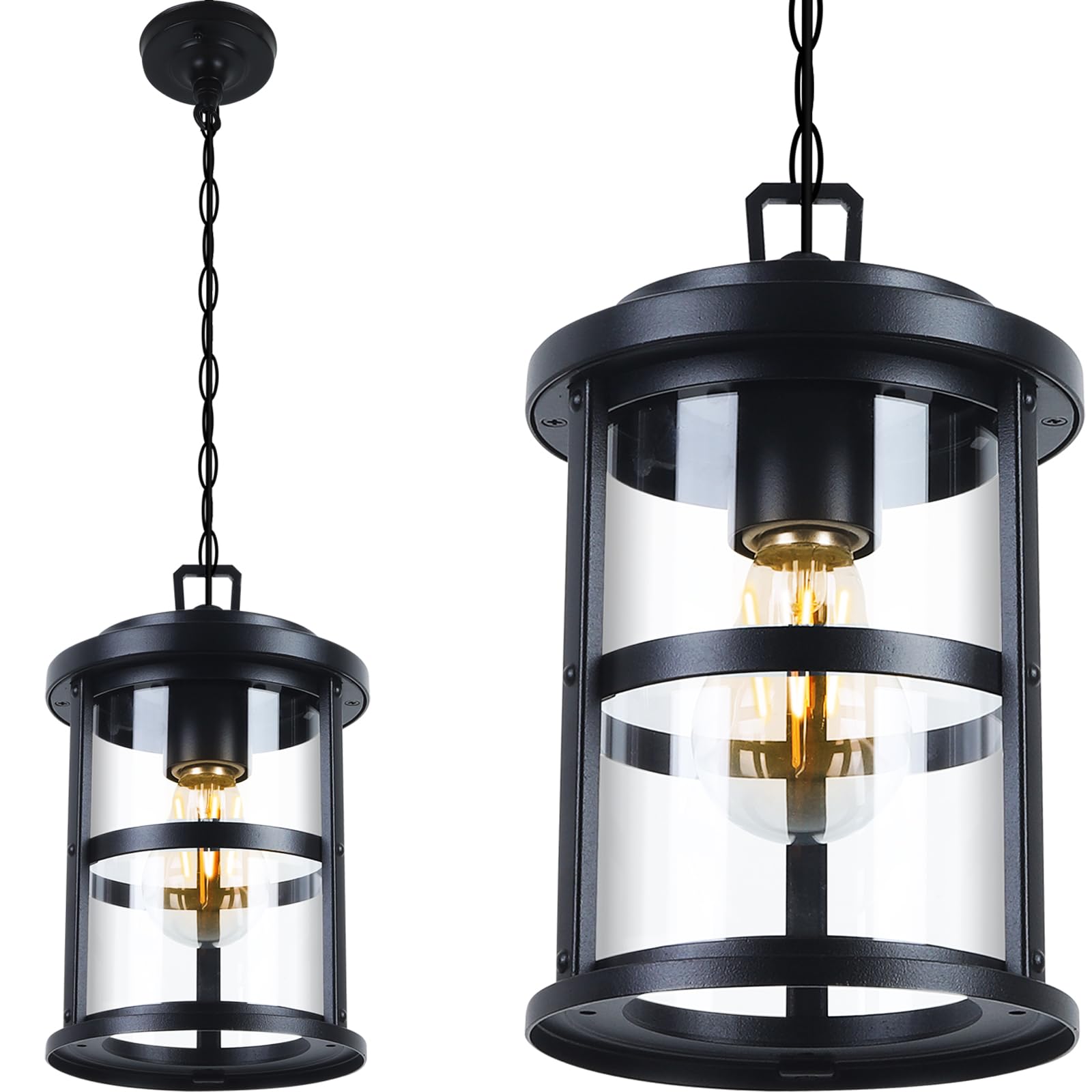 Outdoor Pendant Lantern, Pendant Light in Black Finish for Porch, 1-Pack Exterior Hanging Lantern with Clear Glass and Adjustable Chain,Gazebo Light Fixture for Patio Garage Entryway