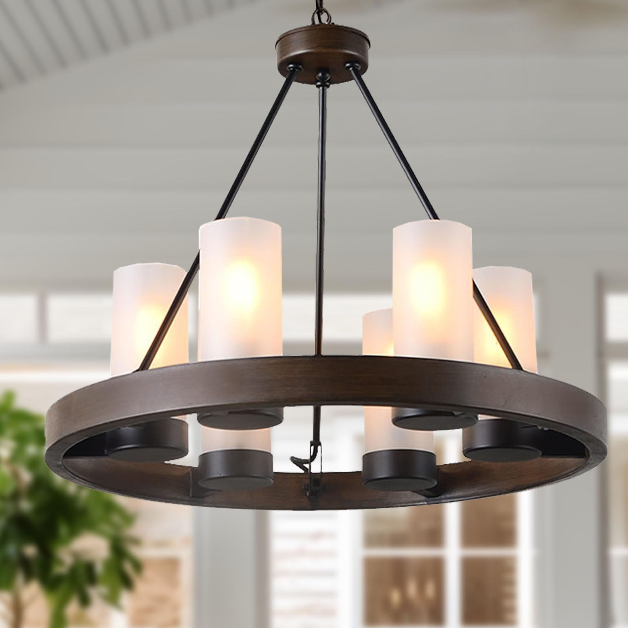 Modern Farmhouse Chandelier, Wagon Wheel Chandelier for Dining Room 6-Light with Frosted Glass Rustic Hanging Light Fixture