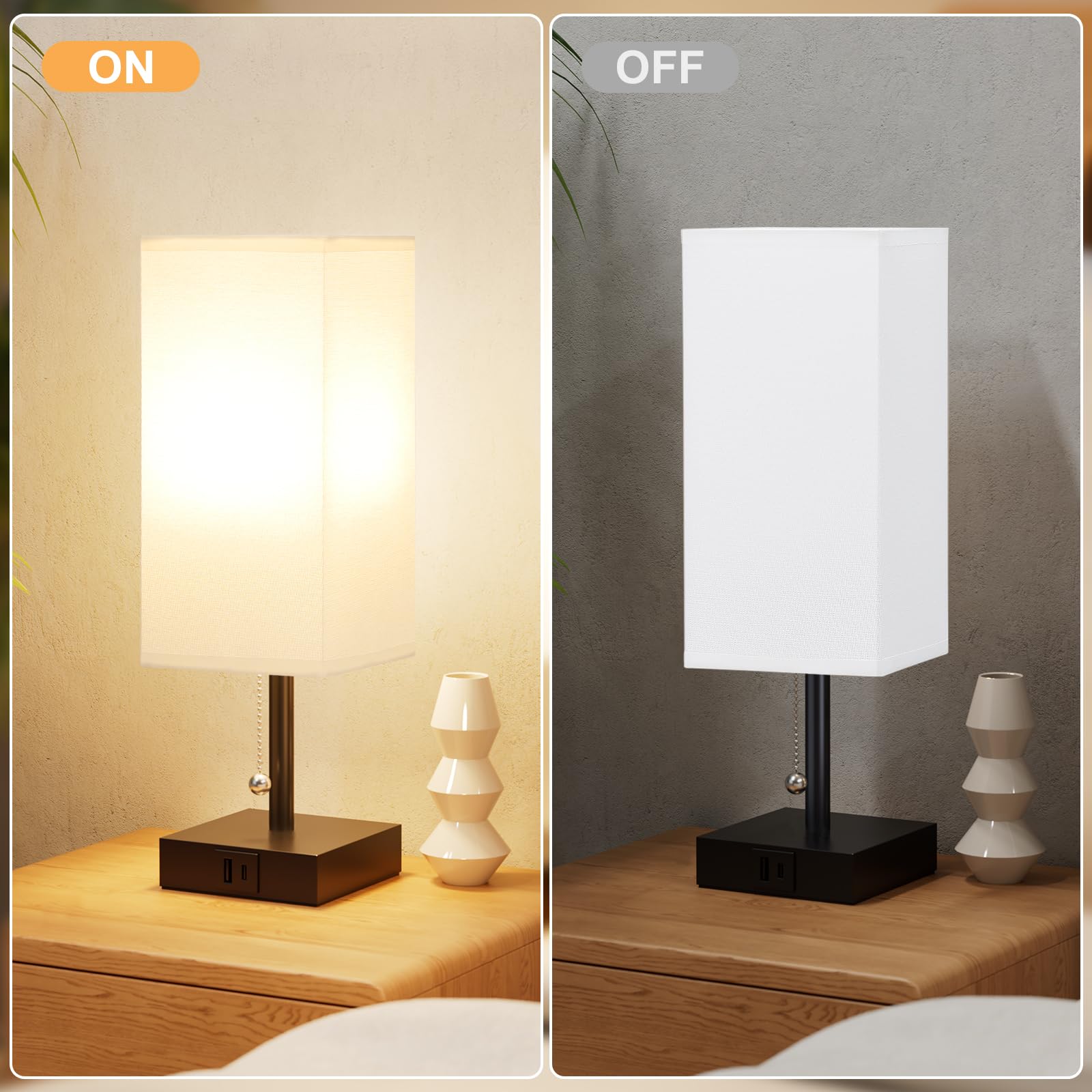 Small Table Lamp for Bedroom - Bedside Lamps for Nightstand, Minimalist Night Stand Light Lamp with Square Fabric Shade, Desk Reading Lamp for Kids Room Living Room Office Dorm