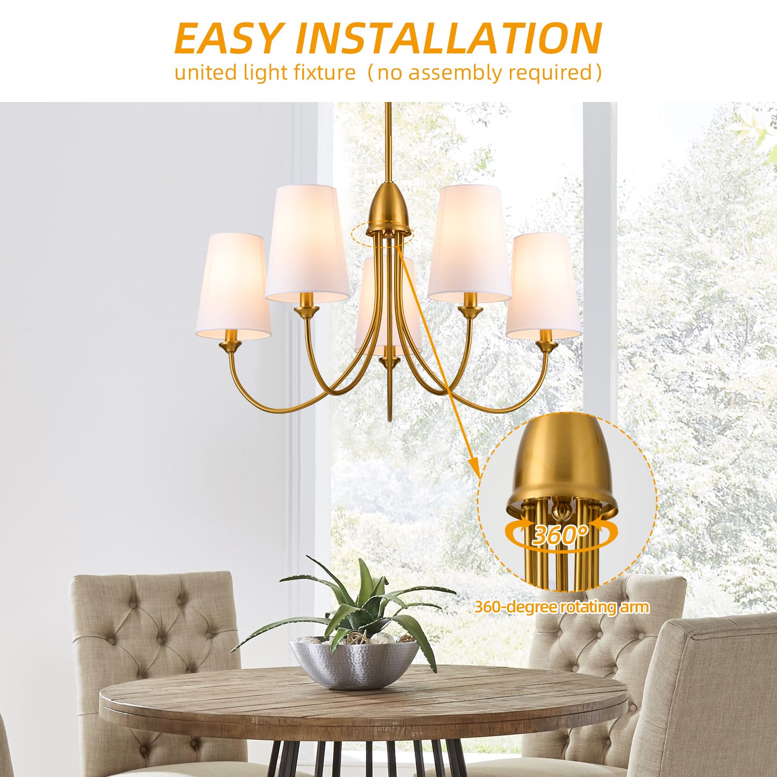 Gold Chandelier Light Fixture,5-Light Farmhouse Chandeliers for Dining Room with White Fabric Shade,30''Metal Modern Industrial lighting fixtures for Kitchen,Living Room, Bedroom, Foyer,Entryway