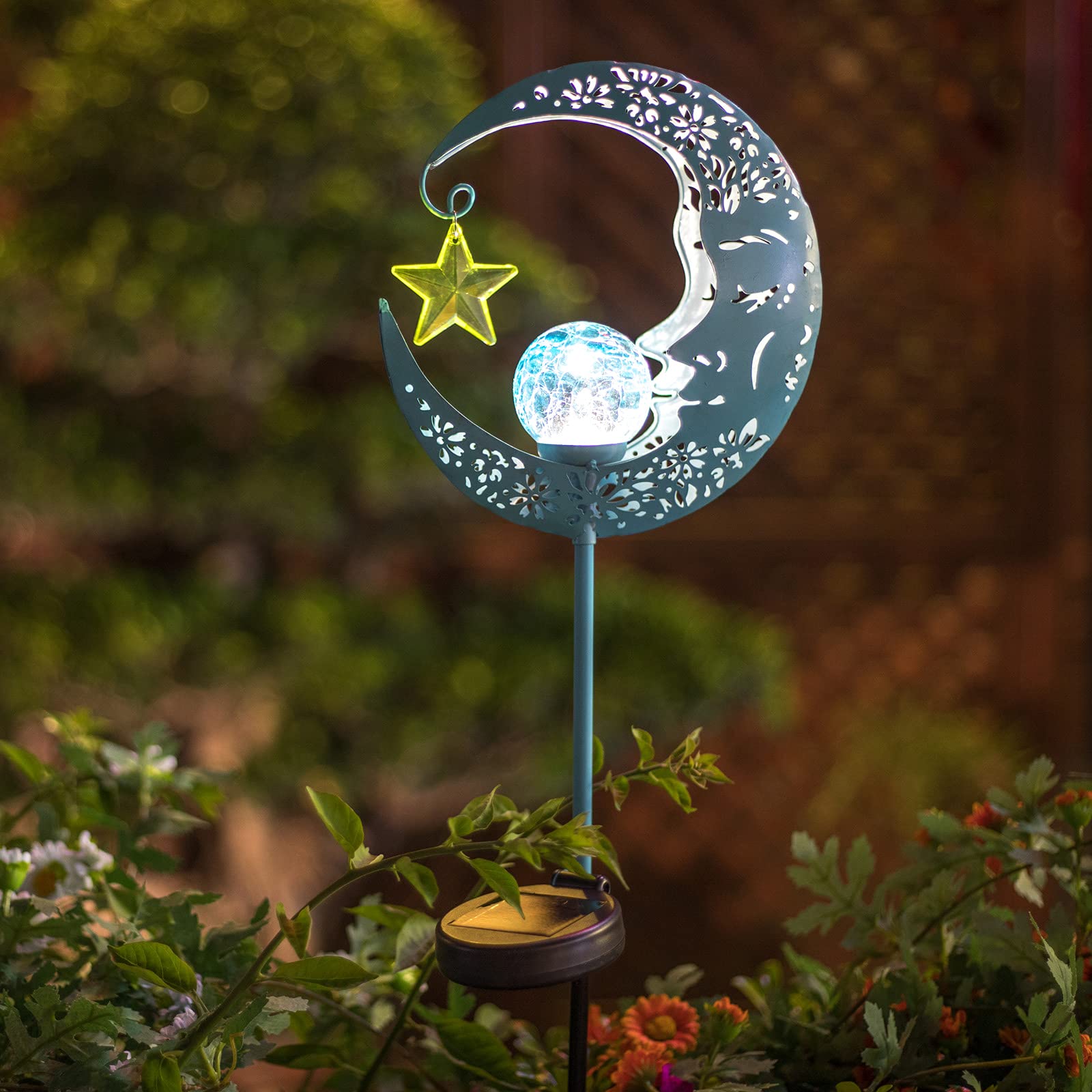 Solar Lights Outdoor Decor Moon Lantern for Patio,Lawn or Pathway Moon Decorations Crackle Glass Globe Stake Metal Lights Waterproof Warm LED Garden Gifts (Bronze)