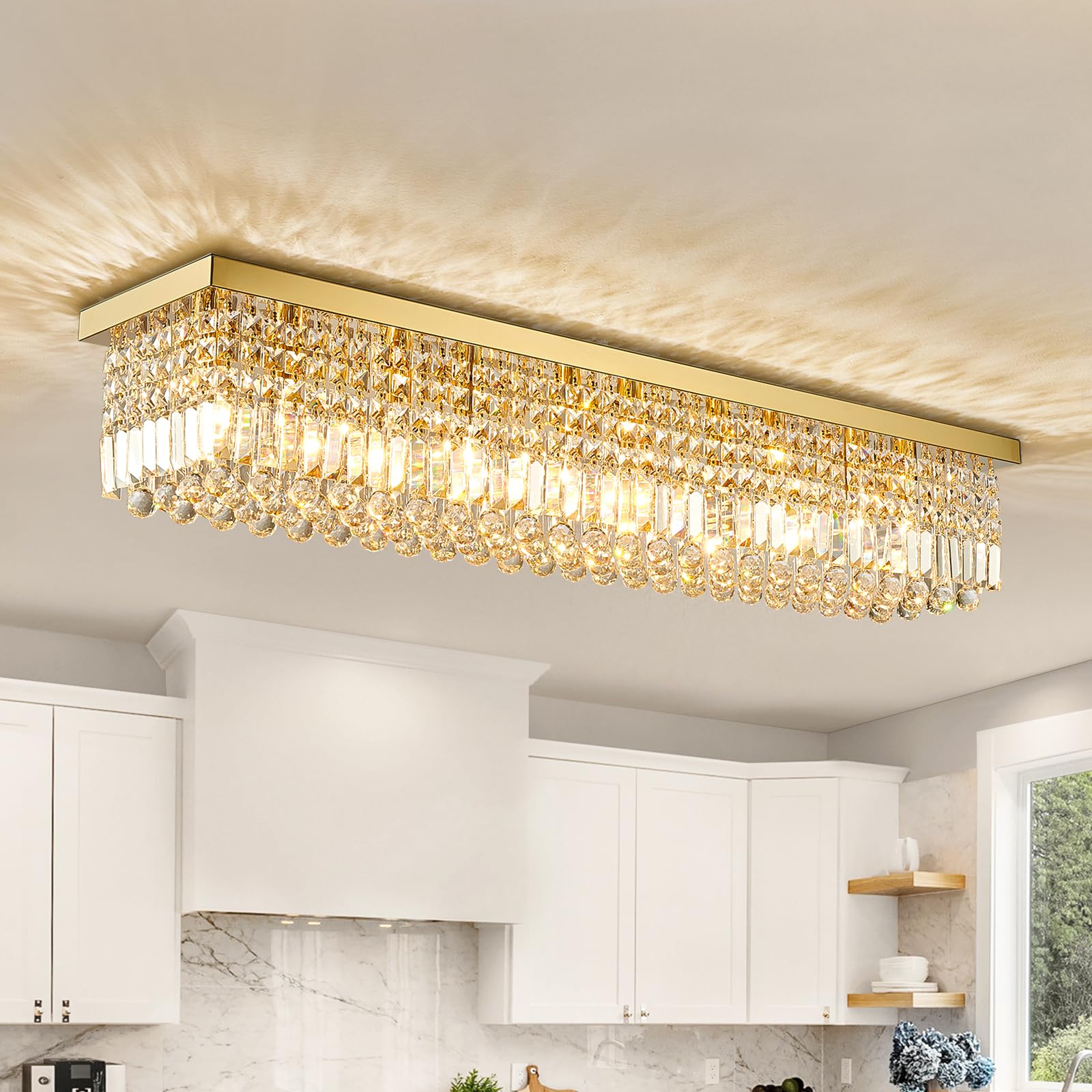 6-Light Modern Crystal Chandelier Rectangular Gold K9 Crystal Raindrop Chandelier for Dining Room, Luxury Adjustable Ceiling Pendant Light for Living Room Kitchen Island L31.5'' x W10'' x H10''