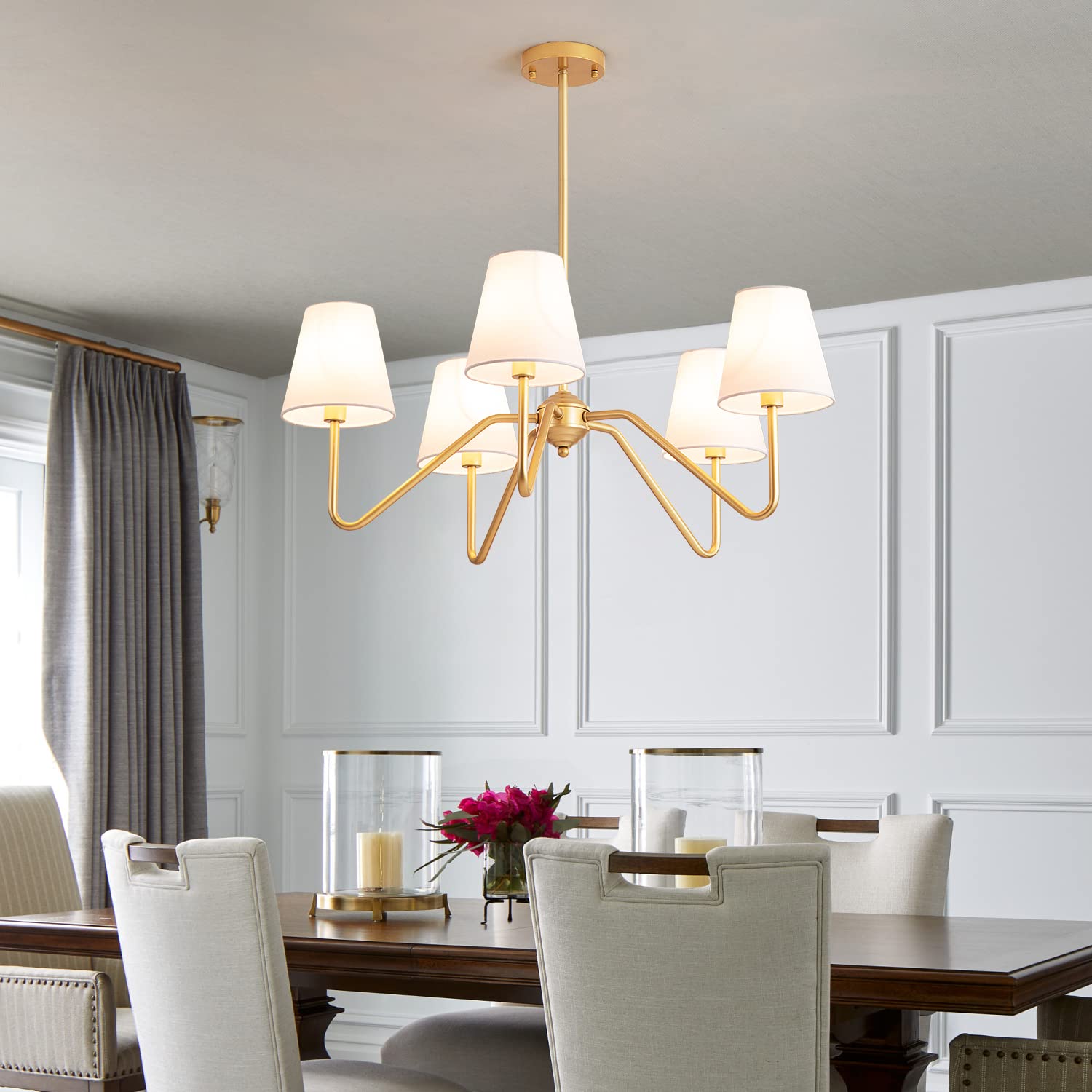 30.5" 5 Arms Gold Chandelier, 5 Lights Kitchen Island Lighting with White Fabric Shade,Dining Room Light Fixture for Hallway Entryway Foyer Living Room，E12.