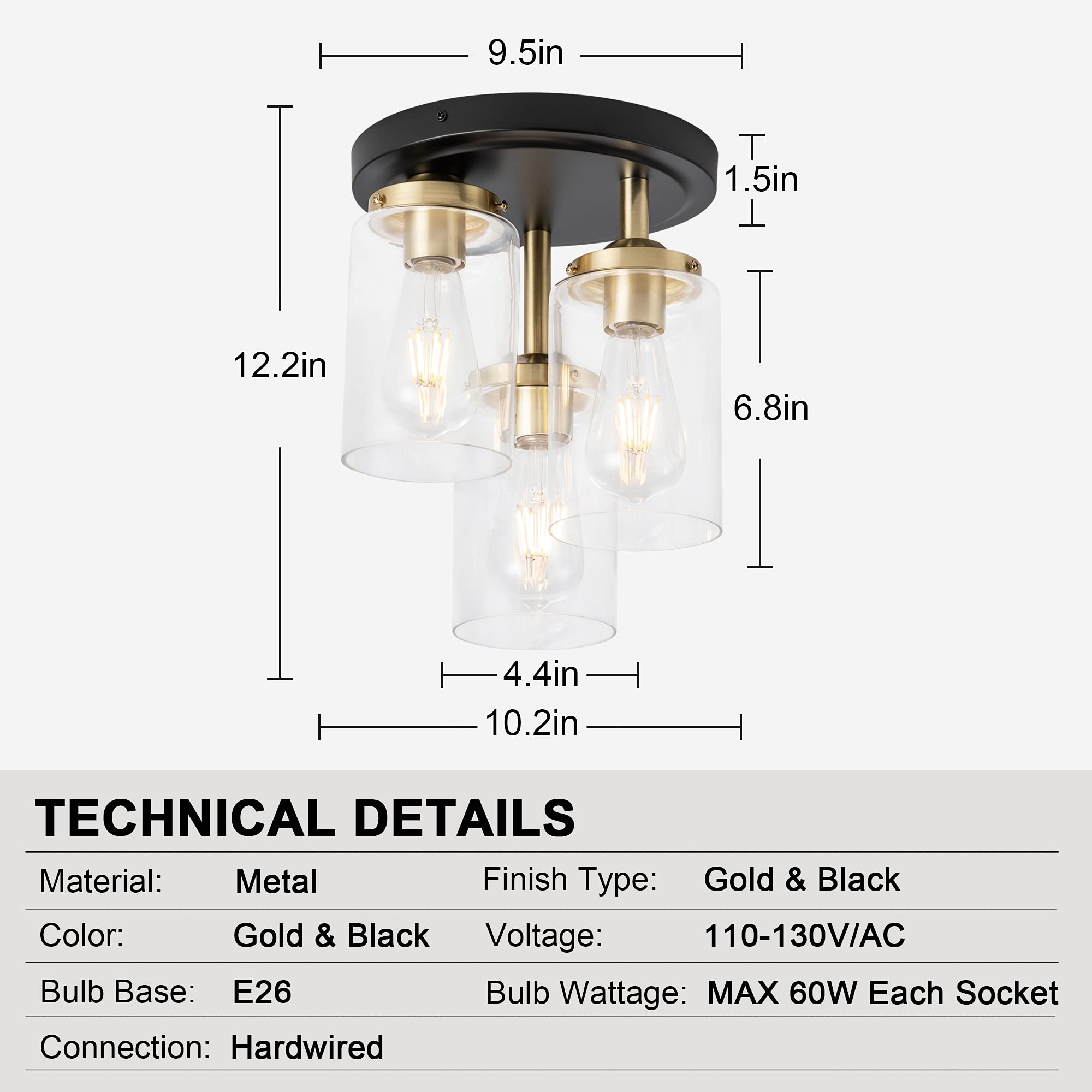 Semi Flush Mount, Bronze Metal Frame Ceiling Light Fixture with Clear Glass Shade, Farmhouse Light Fixture for Kitchen Island Entryway Porch Foyer Dining Room