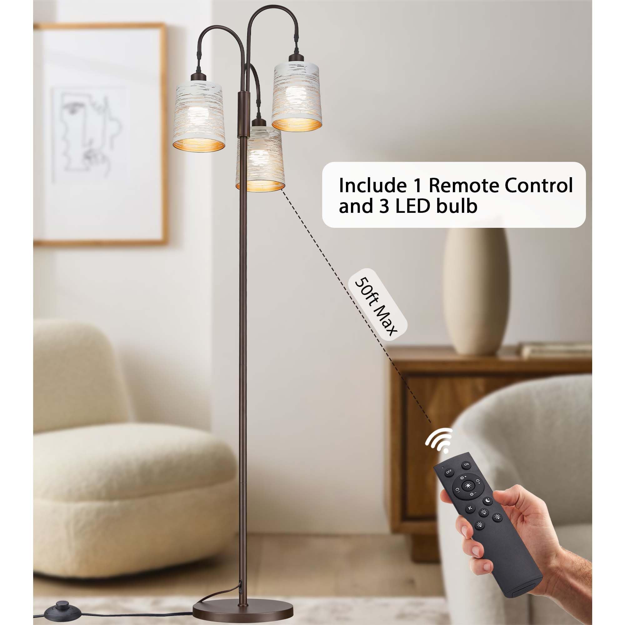 Industrial Tree Floor Lamps for Living Room, 1 Pack Dimmable Tall Standing Lamp with 3pc LED Bulb and Remote Control, Modern Dimmable Floor Lamps for Living Room, Bedroom,Office (White, 16" W)