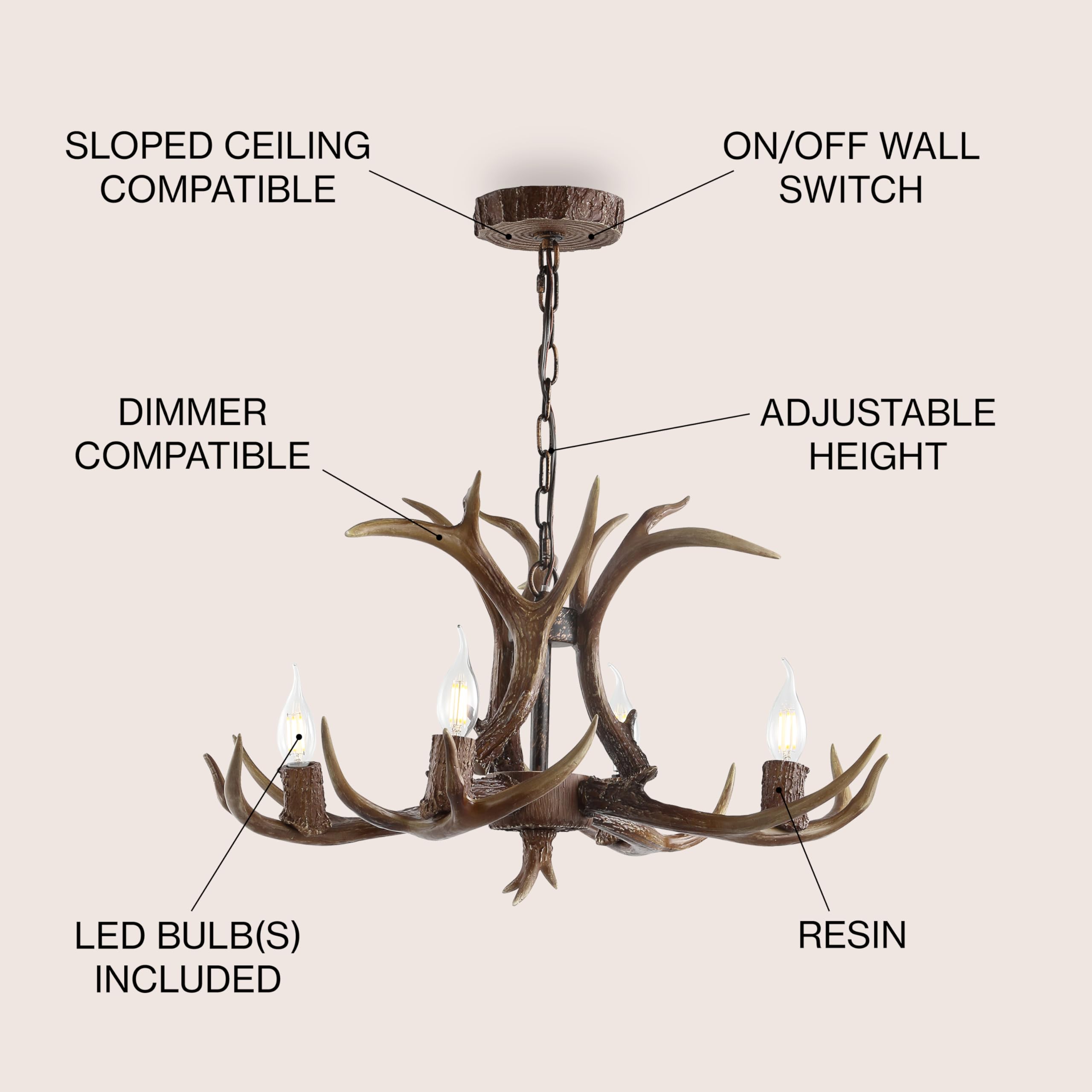 30" Adjustable Resin Antler 5-Light LED Chandelier, Glam, Rustic,Cottage,Transitional, Dimmable Dining Room, Living Room, Kitchen, Foyer, Bedroom, White