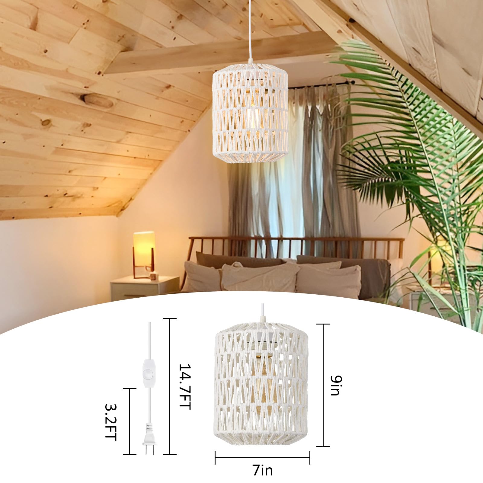 Plug in Pendant Light, Rattan Hanging Lights with Plug in Cord 15ft Dimmable Cord, Hand Woven Wicker Lampshade Hanging Lamp, Boho Plug in Hanging Ceiling Light Fixture for Farmhouse Bedroom White